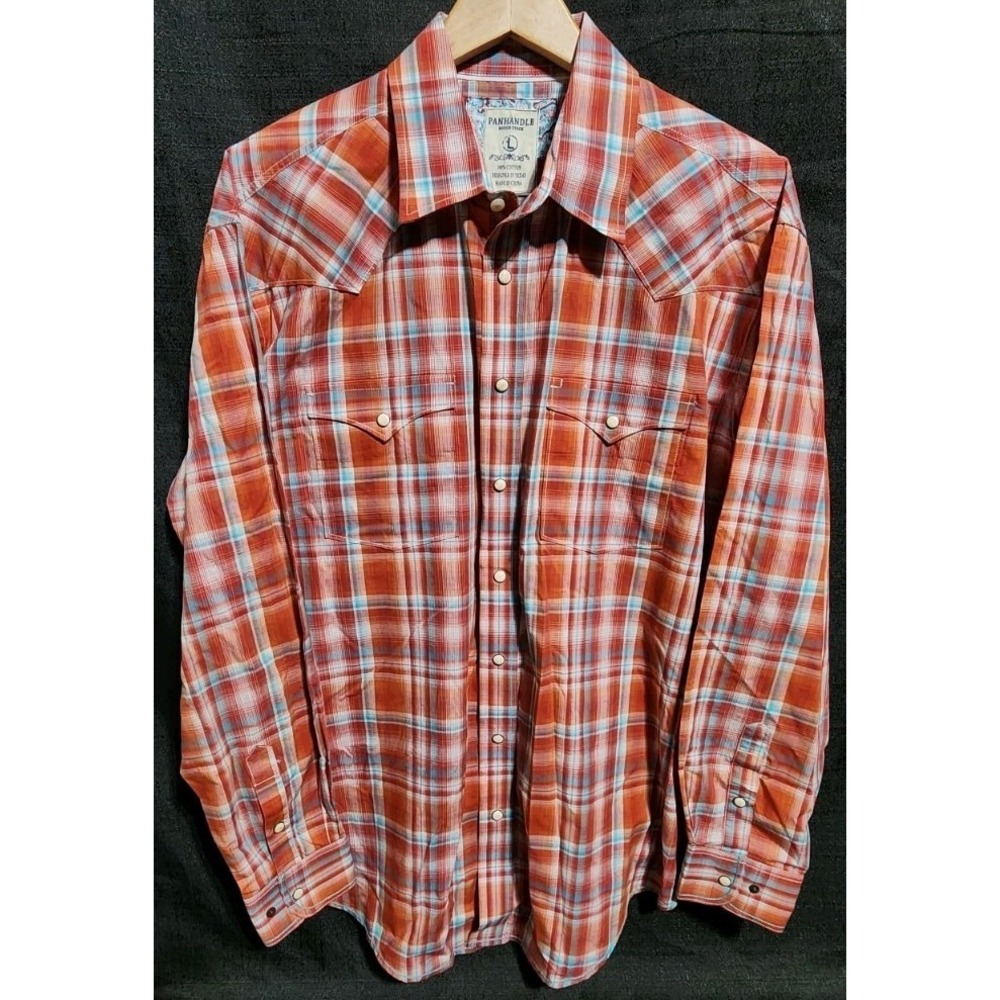 Panhandle Rough Stock Men's‎ Western Pearl Snap Shirt Orange Plaid L Long Sleeve